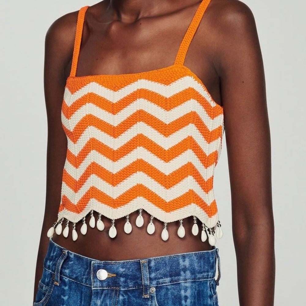 Sandro Paris Orange Cream Chevron Crochet Shell Fringe Crop Top Size 2 US M